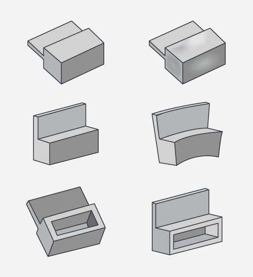 The top row represents a part designed with thick features and the resulting sink once molded. The middle row also shows a part designed with thick features, but this time the warp that occurs once molded. The bottom row demonstrates how coring out thick features helps create an optimally molded part.