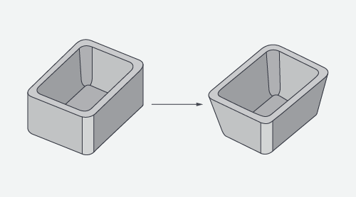 Adding draft angles to design, as shown on the right, helps facilitate ejection of a part from a mold, and improves overall moldability.