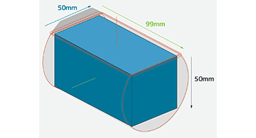 Fresatura 5 assi: la figura mostra il posizionamento del pezzo all 'interno di un blocco di materials, con dimensioni massimi del pezzo di 50mm(大尺寸)x50mm(小尺寸)。