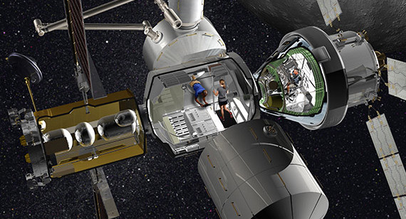 3D illustration graphic rendering of NASA Orion spaceship with a visual of the living quarters. Orion will launch astronauts back into lunar orbit and, eventually, to Mars. Lockheed Martin is designing, and Protolabs is manufacturing, parts of the infrastructure of these living quarters.